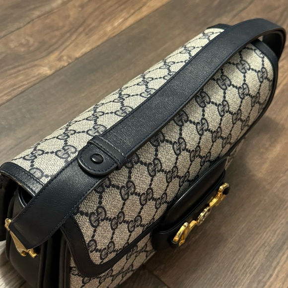 Vintage Gucci Horsebit 1955 Shoulder Bag in Navy Blue Coated Canvas & Leather - Picture 10 of 16